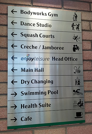a sign incorporating symbols in a sports centre